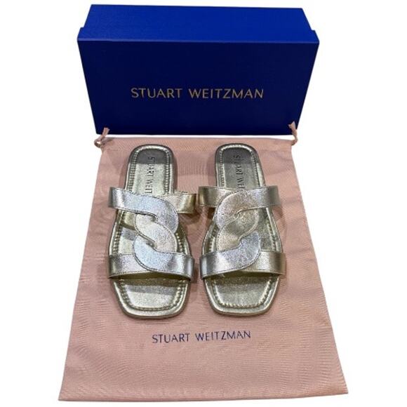 NEW Stuart Weitzman 7.5 Ibiza Woven-Strap Flat Slide Sandal Metallic Silver Gold - Picture 2 of 12